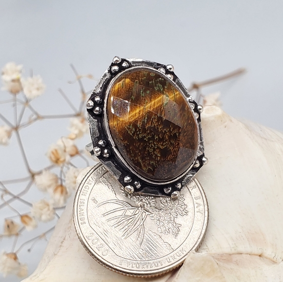 Natural Raw Tiger Eye Stone Silver Ring - Picture 2 of 6
